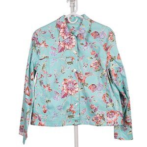 Floral Jacket M Womens Sea Green Buttons Lightweight Spring Easter Pastel